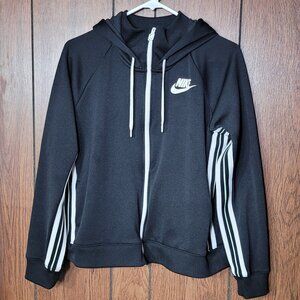 Nike Women's Full Zip Lightweight Hoodie Black w/ White Stripes Size L Retro